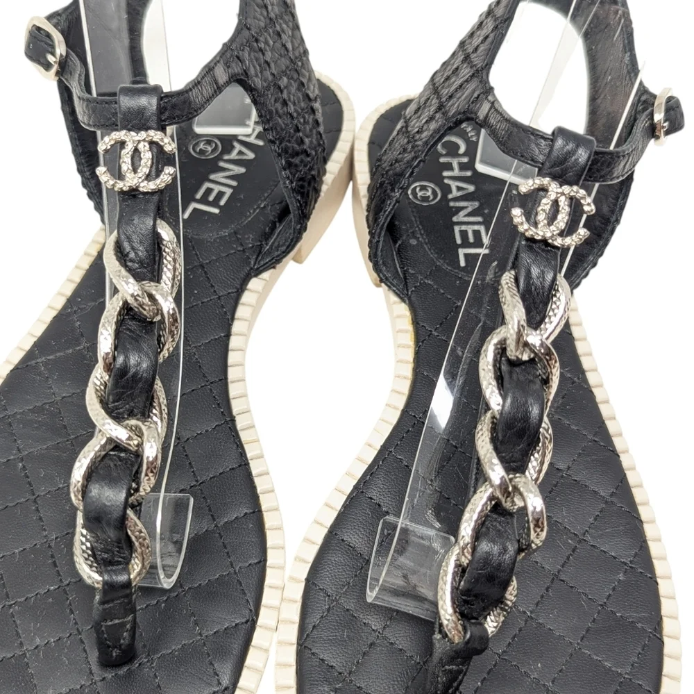 Chanel Black T-Strap CC Silver Chain Quilted Sandals Size EU 39